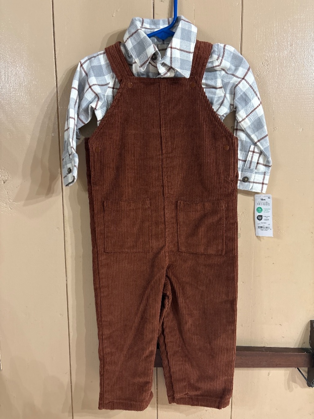 Carters 18m plaid shirt and brown corduroy bib overalls, NWT